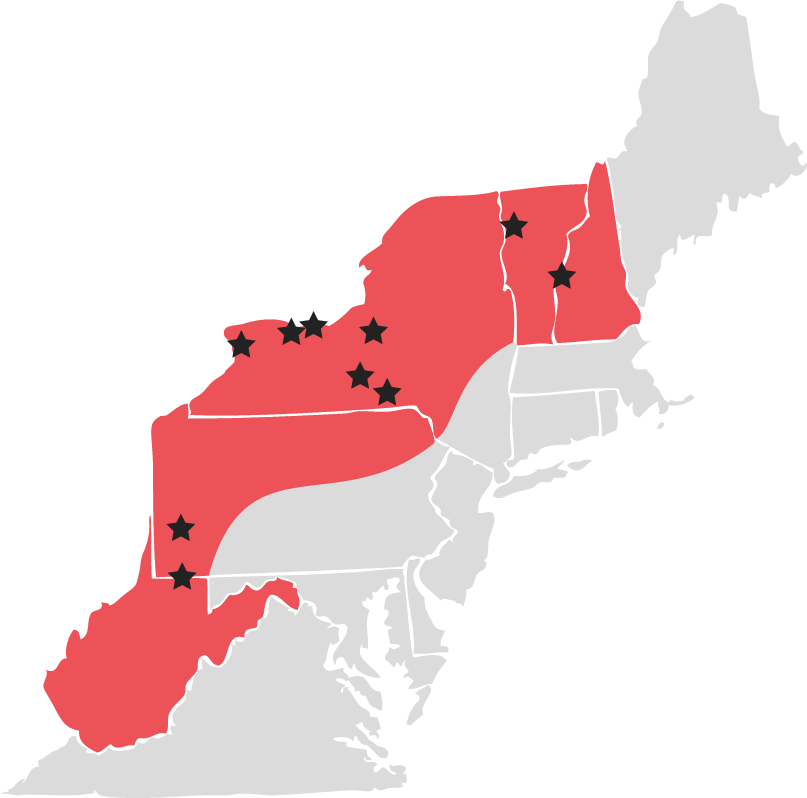 Map of the northeast region of the United States with New Hampshire, Vermont, New York, Western Pennsylvania, and West Virginia Highlighted