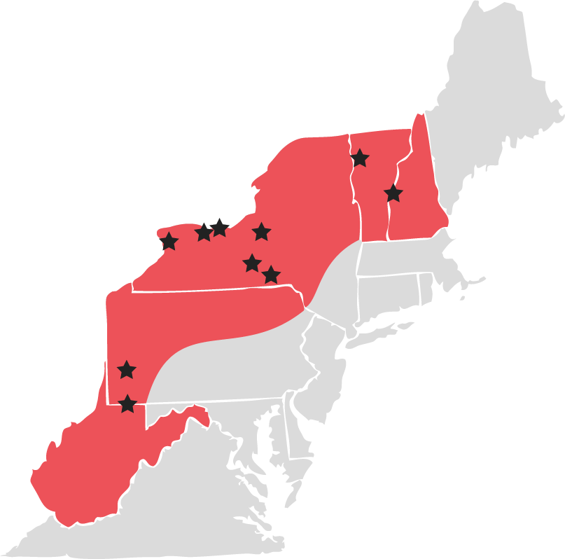 Map of the northeast region of the United States with New Hampshire, Vermont, New York, Western Pennsylvania, and West Virginia Highlighted