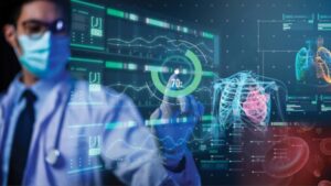 Doctor in lab with digital projection screen showing scan of lungs